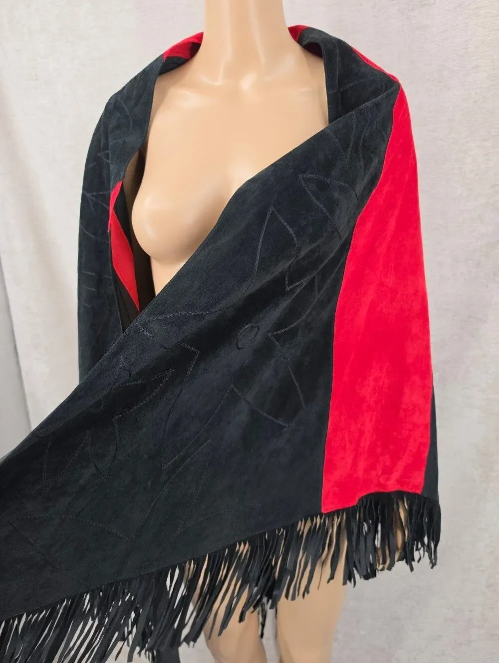 Vintage Black & Red Suede Nubuck All Leather Fringe Shawl Embroidered